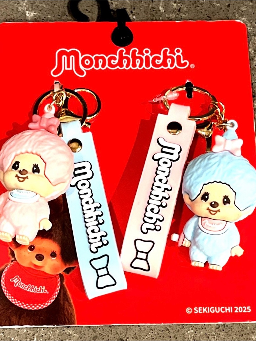 Monchhichi Pink and Light Blue Keychains with wristlets